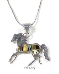 Navajo Calvin Begay Sterling Pueblo Horse Inlay Pendant Necklace