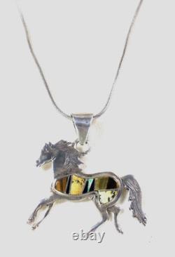 Navajo Calvin Begay Sterling Pueblo Horse Inlay Pendant Necklace