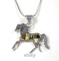 Navajo Calvin Begay Sterling Pueblo Horse Inlay Pendant Necklace