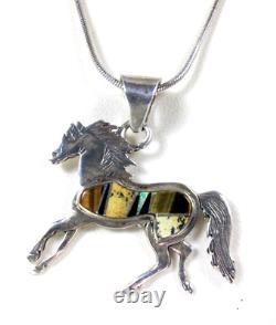 Navajo Calvin Begay Sterling Pueblo Horse Inlay Pendant Necklace