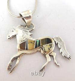 Navajo Calvin Begay Sterling Pueblo Horse Inlay Pendant Necklace