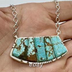 Navajo Corn Row Inlay#8 Mine Turquoise Bar Necklace 18Sterling By B Etcitty 13g
