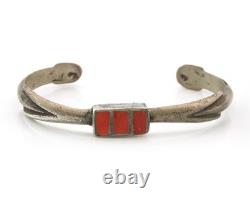 Navajo Cuff Bracelet Sterling Silver Natural Red Coral Vintage Sand Cast