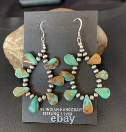 Navajo Green Cluster Turquoise Bead Sterling Earrings Native American 13371