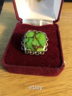 Navajo Green Spider Web Desert Turquoise Cab Sterling Silver Old Pawn Sz. 7 3/4