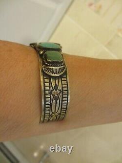 Navajo Greenish Turquoise Ladies Signed Sterling Cuff Bracelet