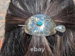 Navajo Hand Stamped Concho Curved Barrette with Turquoise Handmade Hair Pin