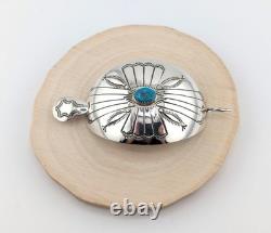 Navajo Hand Stamped Concho Curved Barrette with Turquoise Handmade Hair Pin