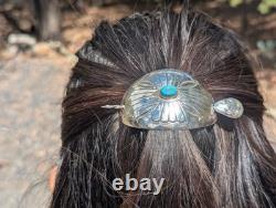 Navajo Hand Stamped Concho Curved Barrette with Turquoise Handmade Hair Pin