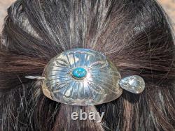 Navajo Hand Stamped Concho Curved Barrette with Turquoise Handmade Hair Pin