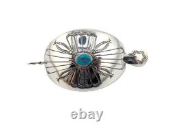 Navajo Hand Stamped Concho Curved Barrette with Turquoise Handmade Hair Pin
