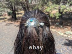 Navajo Hand Stamped Concho Curved Barrette with Turquoise Handmade Hair Pin