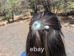 Navajo Hand Stamped Concho Curved Barrette with Turquoise Handmade Hair Pin