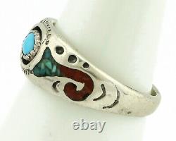 Navajo Handmade Ring 925 Silver Blue Turquoise & Coral Native American C. 80's