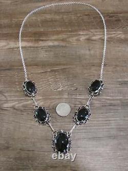 Navajo Indian Nickel Silver & Onyx Link Necklace Signed Cleveland