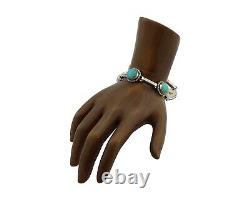 Navajo Link Bracelet 925 Silver Kingman Turquoise Native American Artist C. 80's