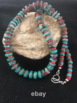 Navajo Mens Sterling Silver Heishi Turquoise Coral Necklace 8506