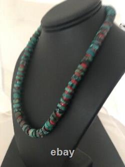 Navajo Mens Sterling Silver Heishi Turquoise Coral Necklace 8506