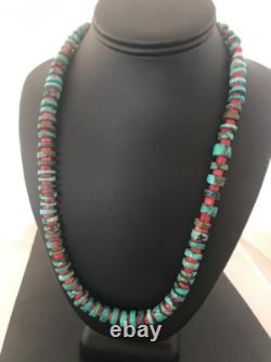 Navajo Mens Sterling Silver Heishi Turquoise Coral Necklace 8506