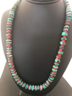 Navajo Mens Sterling Silver Heishi Turquoise Coral Necklace 8506