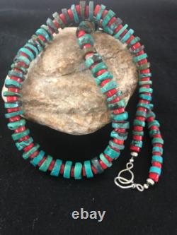 Navajo Mens Sterling Silver Heishi Turquoise Coral Necklace 8506