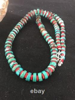 Navajo Mens Sterling Silver Heishi Turquoise Coral Necklace 8506