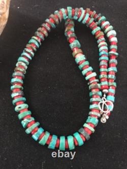 Navajo Mens Sterling Silver Heishi Turquoise Coral Necklace 8506