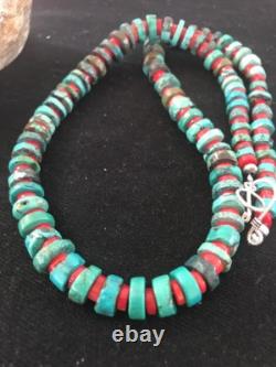 Navajo Mens Sterling Silver Heishi Turquoise Coral Necklace 8506