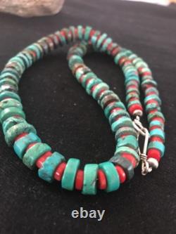 Navajo Mens Sterling Silver Heishi Turquoise Coral Necklace 8506