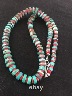 Navajo Mens Sterling Silver Heishi Turquoise Coral Necklace 8506