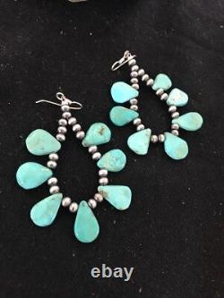 Navajo Native American Blue Cluster Turquoise Sterling Silver Earrings Gift