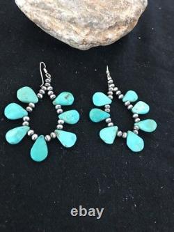 Navajo Native American Blue Cluster Turquoise Sterling Silver Earrings Gift