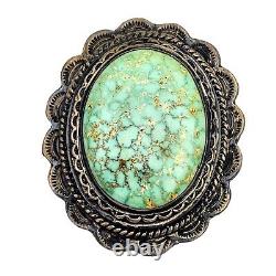 Navajo Native American Green Turquoise Silver Brooch LARGE Stone Hand Signed