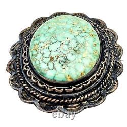 Navajo Native American Green Turquoise Silver Brooch LARGE Stone Hand Signed