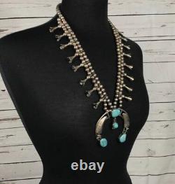 Navajo Native American Indian Turquoise Sterling Silver Squash Blossom Necklace