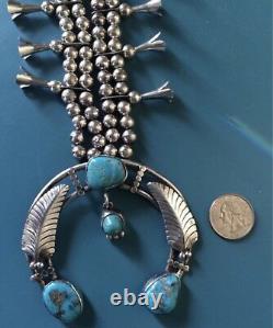 Navajo Native American Indian Turquoise Sterling Silver Squash Blossom Necklace