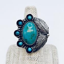 Navajo Native American Kingman Turquoise Sterling Silver Feather Ring Size 8.75