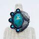 Navajo Native American Kingman Turquoise Sterling Silver Feather Ring Size 8.75