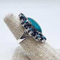 Navajo Native American Kingman Turquoise Sterling Silver Feather Ring Size 8.75