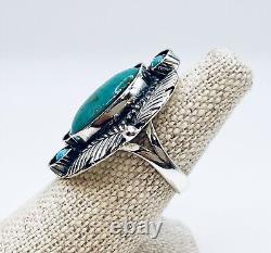 Navajo Native American Kingman Turquoise Sterling Silver Feather Ring Size 8.75