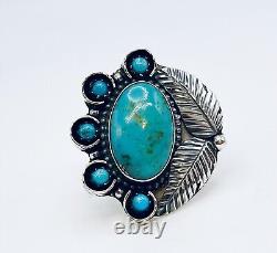 Navajo Native American Kingman Turquoise Sterling Silver Feather Ring Size 8.75