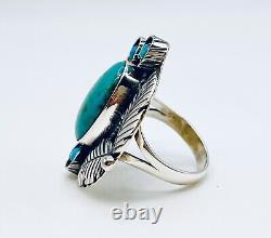 Navajo Native American Kingman Turquoise Sterling Silver Feather Ring Size 8.75