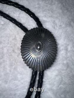 Navajo Native American Sterling Silver Bolo Tie Signed O W Leather