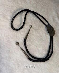 Navajo Native American Sterling Silver Bolo Tie Signed O W Leather