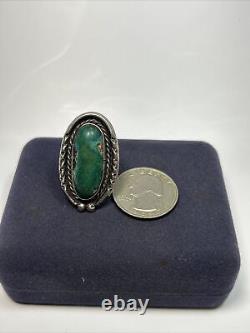 Navajo Native American Sterling Silver & Green Turquoise Tribal Stamped Oval Rin
