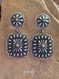 Navajo Native American Sterling Silver Stamped Handmade Earrings T O White