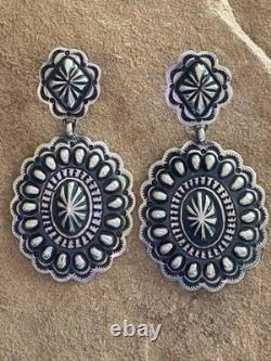 Navajo Native American Sterling Silver Stamped Handmade Earrings T O White