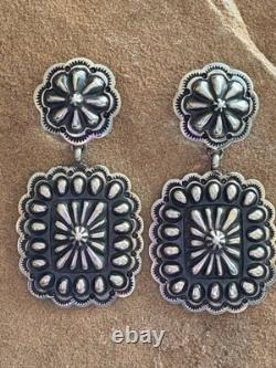 Navajo Native American Sterling Silver Stamped Handmade Earrings T O White