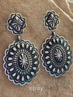 Navajo Native American Sterling Silver Stamped Handmade Earrings T O White