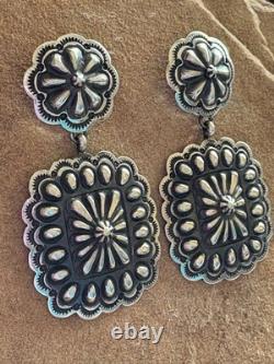 Navajo Native American Sterling Silver Stamped Handmade Earrings T O White